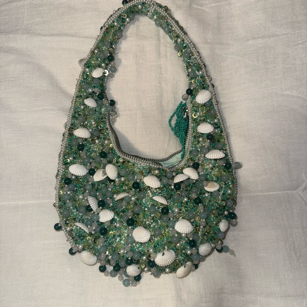 T.J.Maxx Beaded Green and White Shell-Accent Shoulder Bag